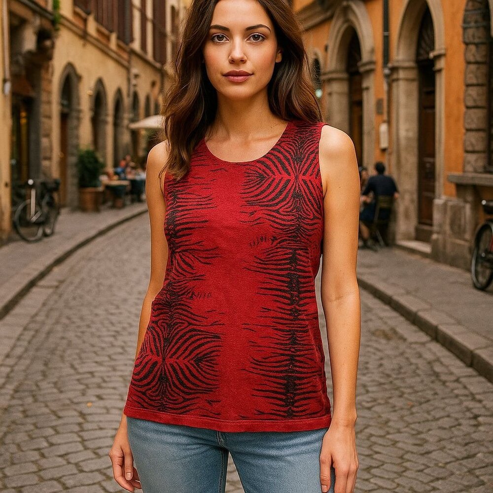 Express M/L Vintage Zebra Stretch Italian Knit Shirt Sleeveless Tank Top Red